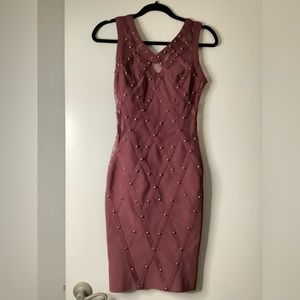 Wow Couture Mauve Midi Bodycon Bandage w/ Gold Button Detail, Size Small